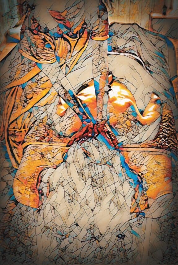 An abstract, stained-glass-style image of a person holding a baby, with warm orange and cool blue tones reminiscent of the calming effects of stress relief massage.