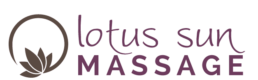 Logo for Lotus Sun Massage featuring a stylized lotus flower on the left and the business name in purple text on the right, reflecting personalized therapeutic massage services for relaxation and stress relief.