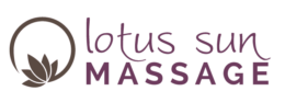 Logo for Lotus Sun Massage featuring a stylized lotus flower on the left and the business name in purple text on the right, reflecting personalized therapeutic massage services for relaxation and stress relief.