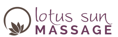 Logo for Lotus Sun Massage featuring a stylized lotus flower on the left and the business name in purple text on the right, reflecting personalized therapeutic massage services for relaxation and stress relief.