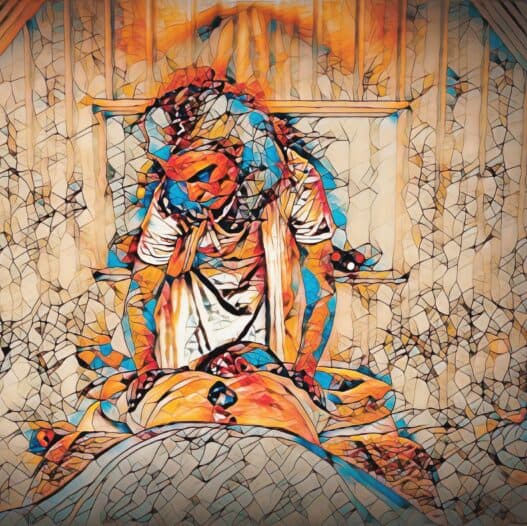 A stylized, stained-glass effect image shows a person sitting on a bed, leaning forward with their head in their hands, inside a small, enclosed room—capturing the need for stress relief massage and personalized therapeutic massage services.